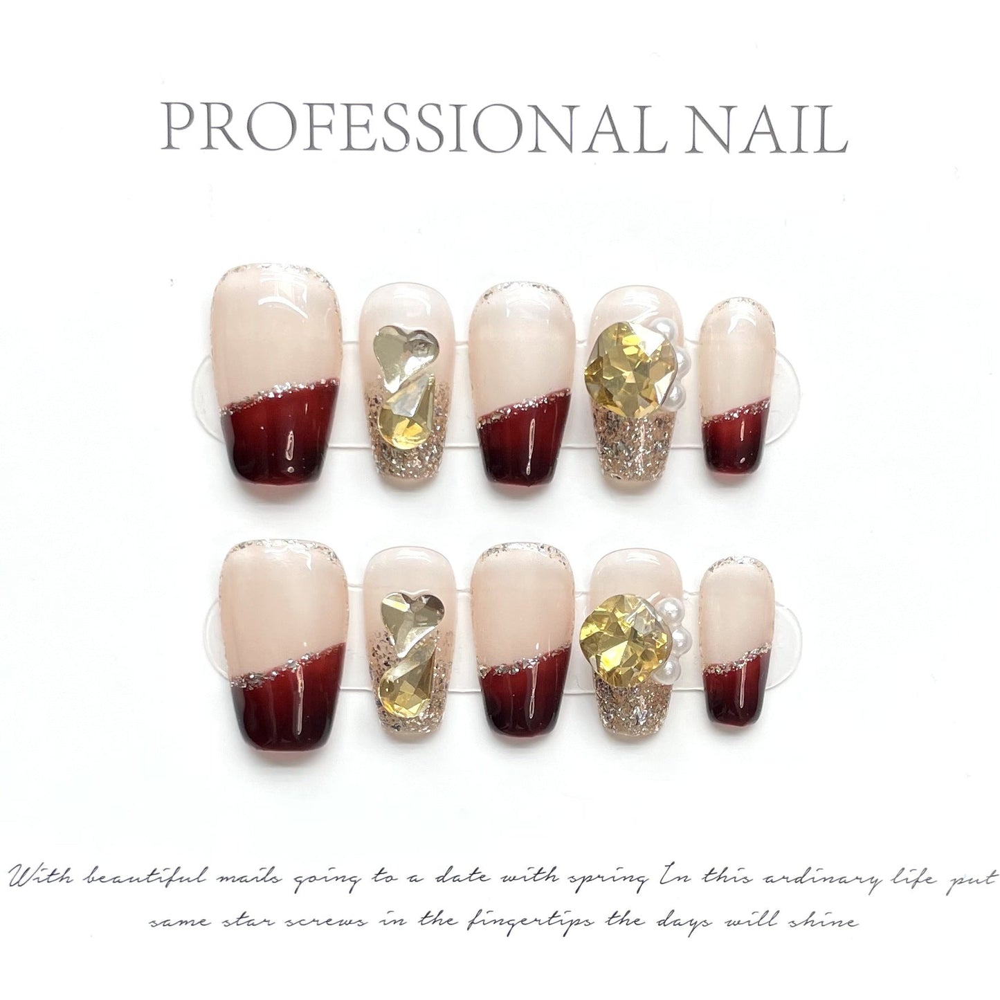 1336 Romantic French style press on nails 100% handmade false nails red nude color