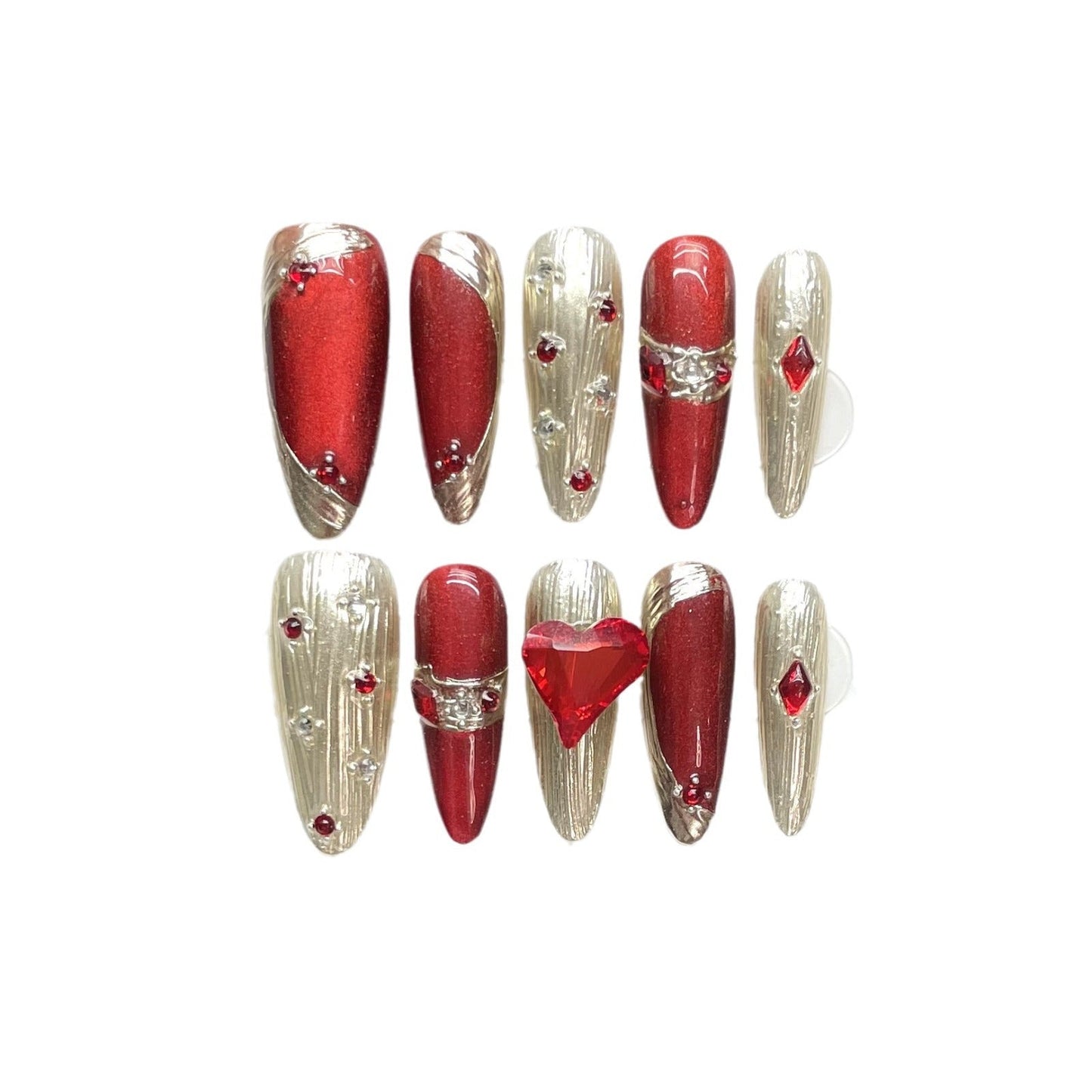 Cat's eye Buccellati stijl press on nagels 100% handgemaakte kunstnagels rood goud