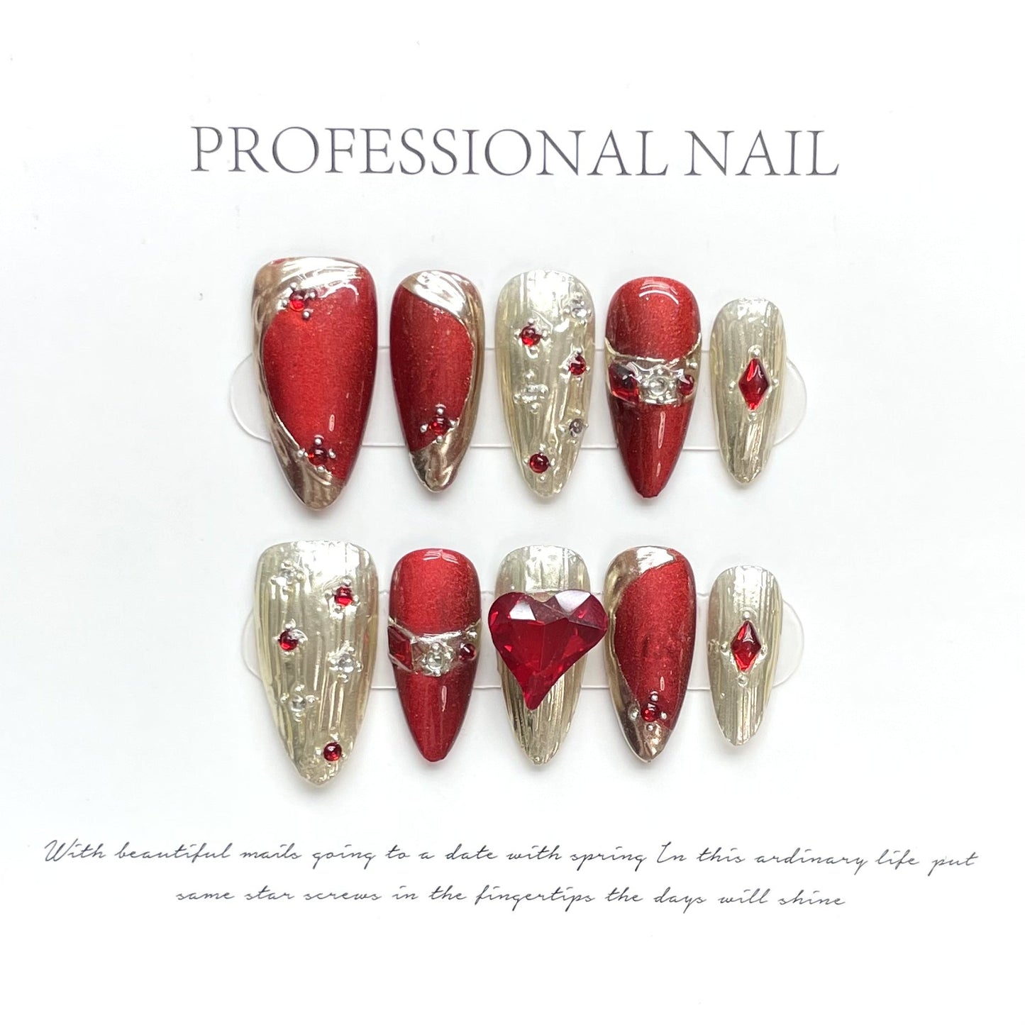 Cat's eye Buccellati stijl press on nagels 100% handgemaakte kunstnagels rood goud