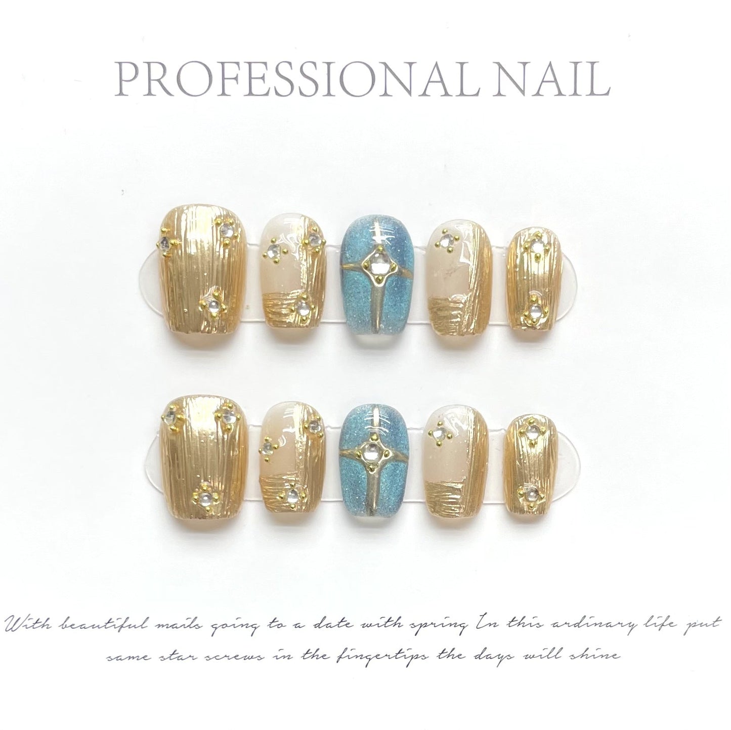 1342 Royal court style press on nails 100% handmade false nails golden blue