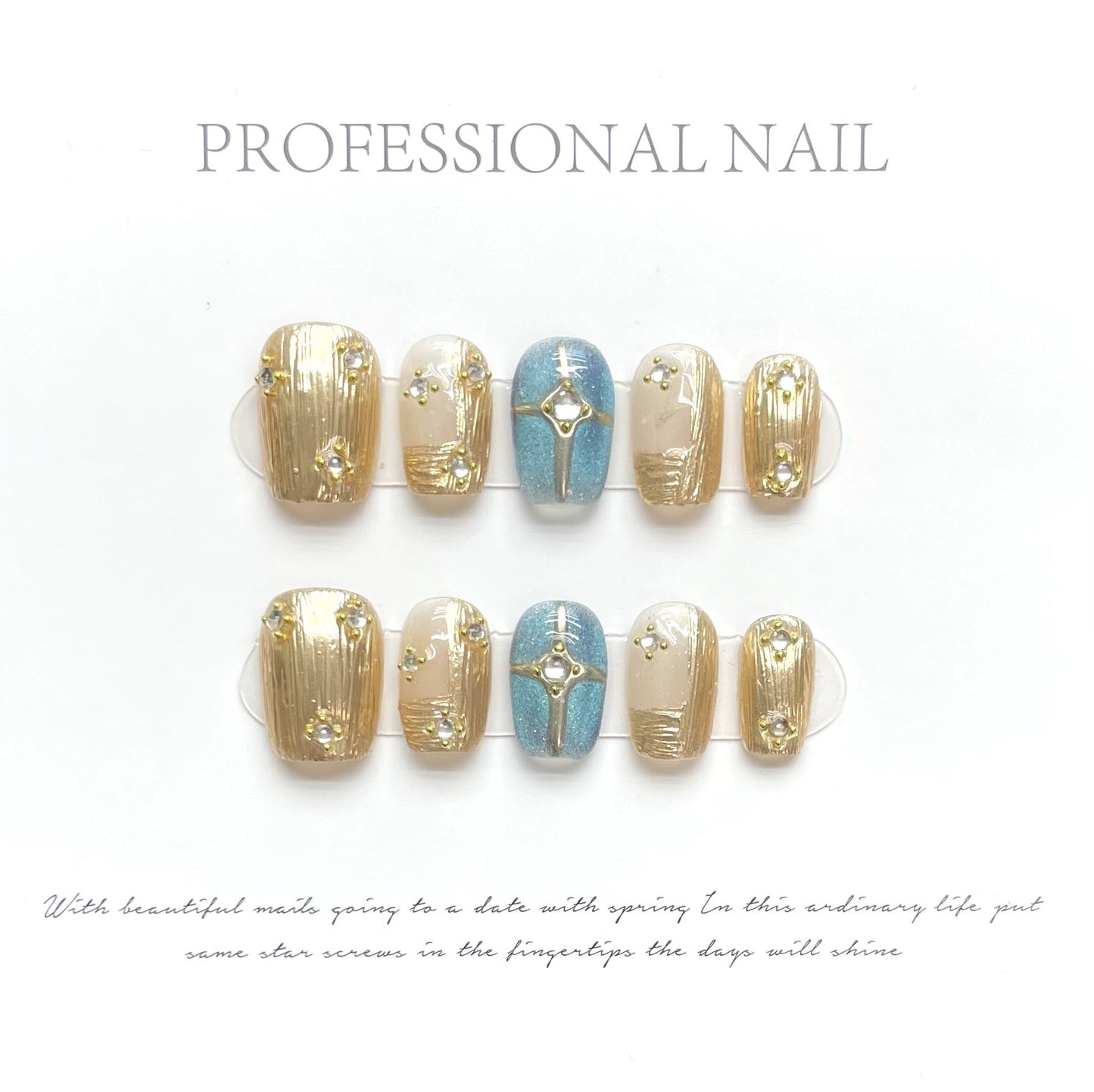 1342 Royal court style press on nails 100% handmade false nails golden blue