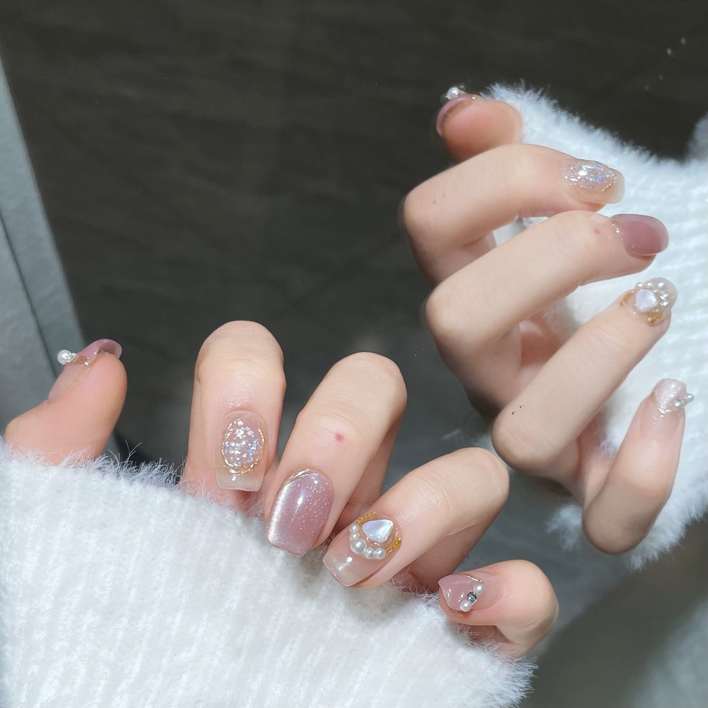 1344/1353 Moon fairycat eye style press on nails 100% handmade false nails nude color  pink