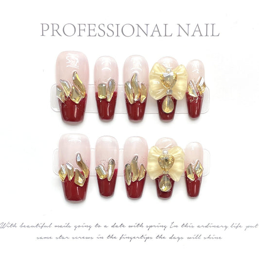 1357 bow style press on nails 100% handmade false nails red pink