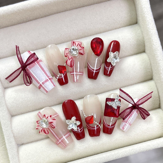 1360 ruban style français presse sur ongles 100% faux ongles faits à la main couleur rouge nude