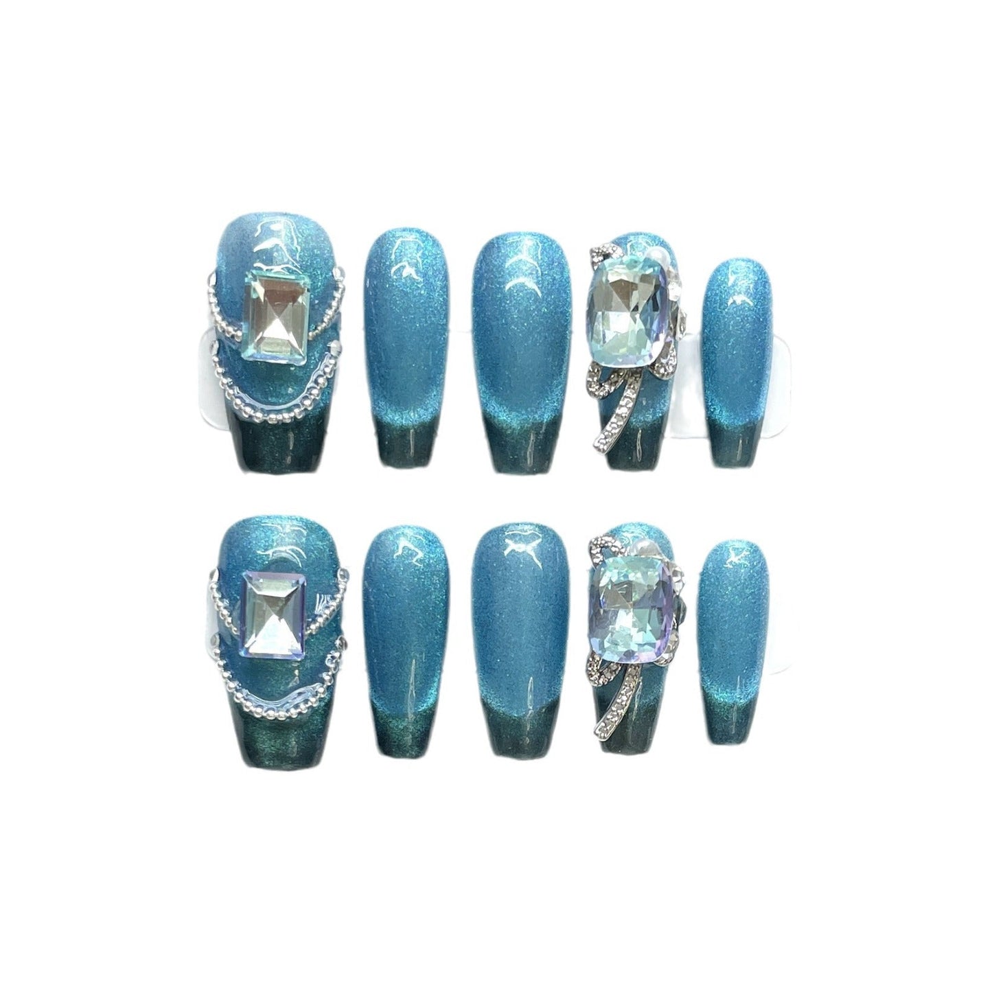 1364 Presse de style oeil de chat bleu sur les ongles 100% faux ongles faits à la main faux ongles bleus
