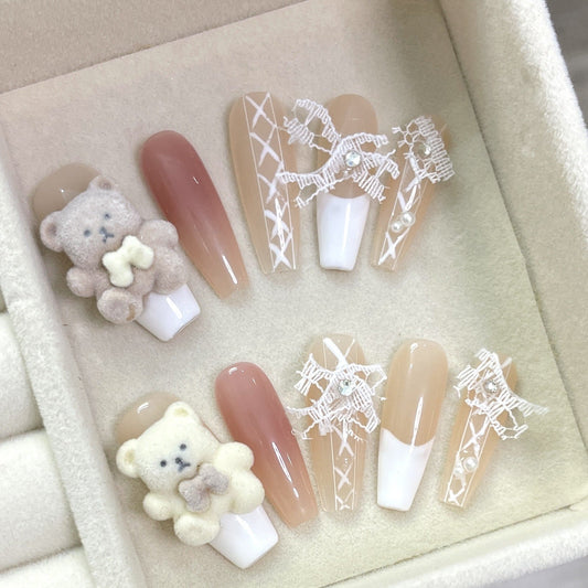 1365 Presse de style ours en laine sur les ongles 100% faux ongles faits à la main couleur nude rose