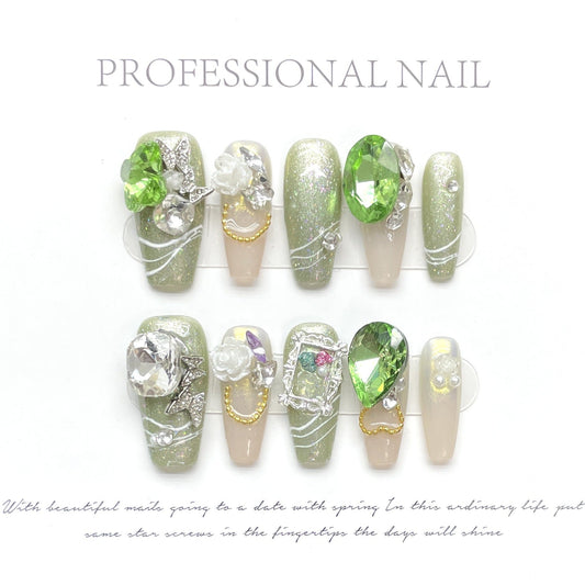1374 lentestijl pers op nagels 100% handgemaakte kunstnagels groene nude kleur