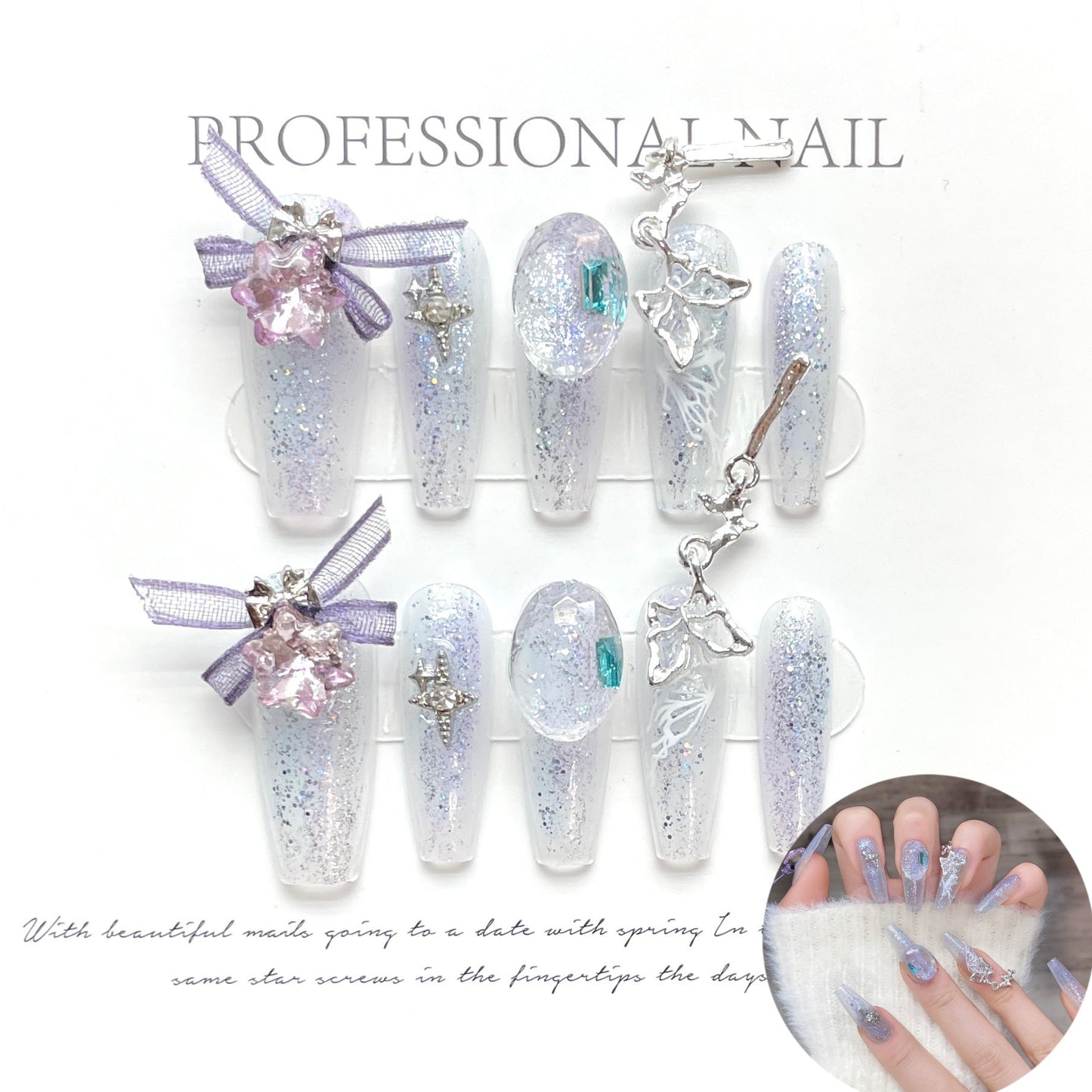 1383 Bow style press on nails 100% handmade false nails white fake nails