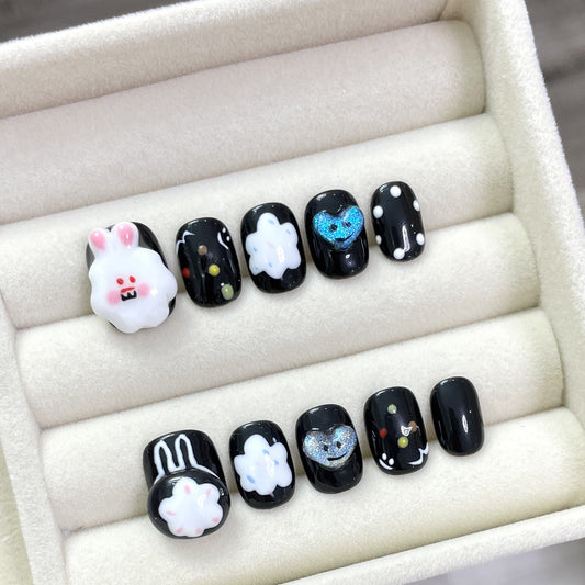 1384 Cute Rabbit Cateye stijl press-on nagels 100% handgemaakte kunstnagels zwart