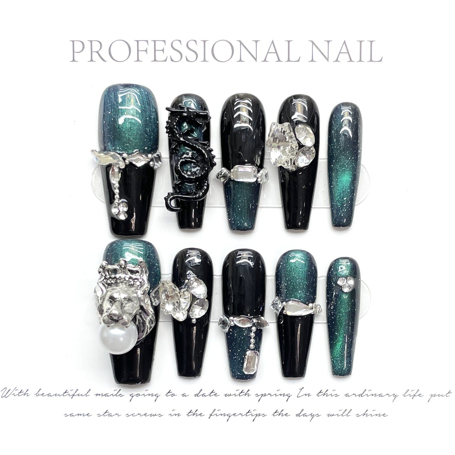 1388 Dragon lion Cateye Effect press on nails 100% handmade false nails black green