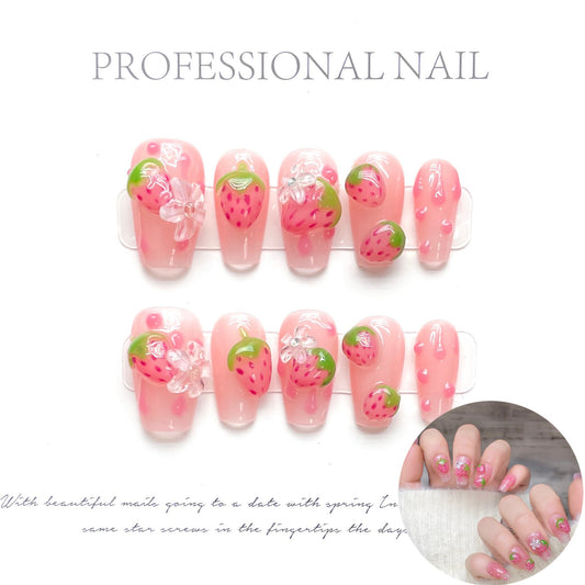 1400 Strawberries style press on nails 100% handmade false nails pink fake nails