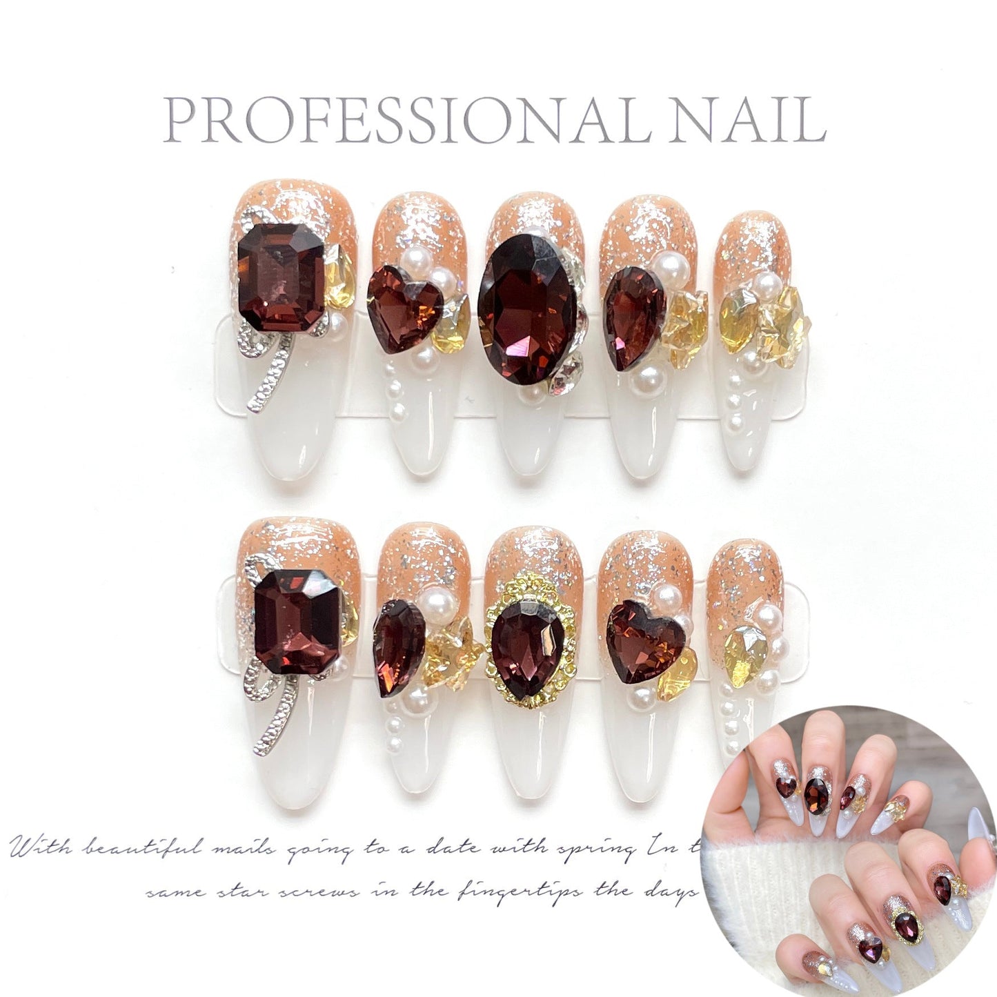 1404 Rhinestone style press on nails 100% handmade false nails golden white fake nails