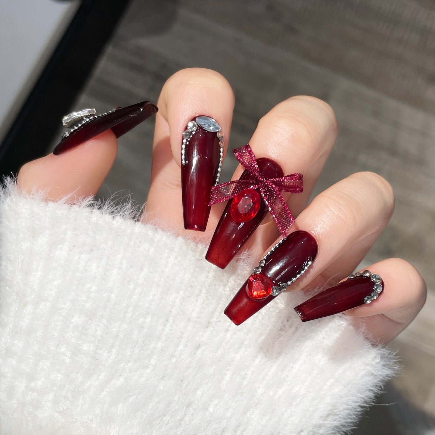 1405 red cat's eye style press on nails 100% handmade false nails red  fake nails