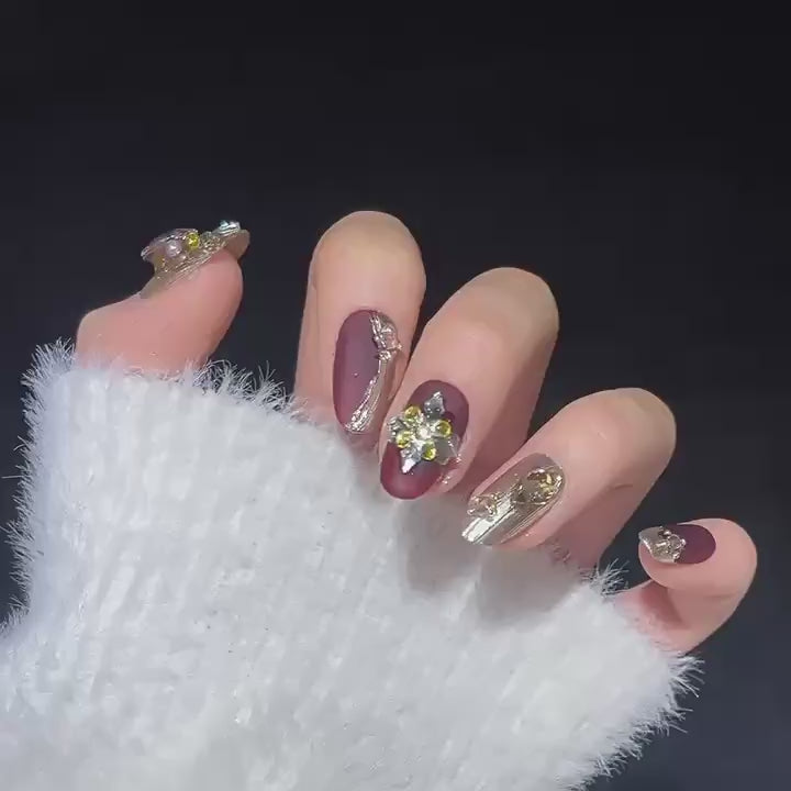 1330 Royal Court-stijl press-on-nagels 100% handgemaakte kunstnagels roodgouden