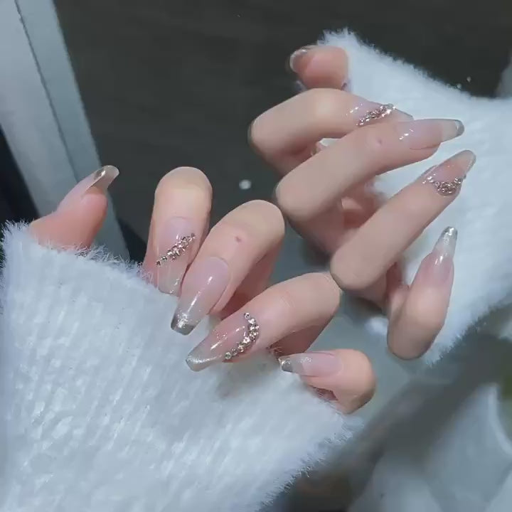 1343/1349 style œil de chat français presse sur ongles 100% faux ongles faits à la main couleur nue