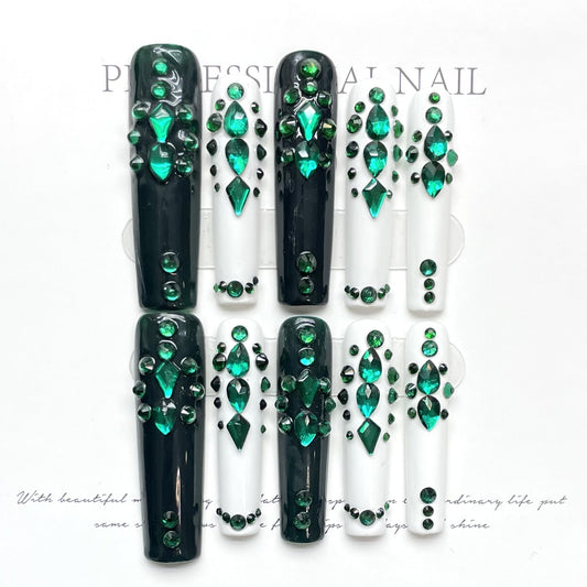 A10 Groene smaragd extra lange stijl pers op nagels 100% handgemaakte kunstnagels groen wit
