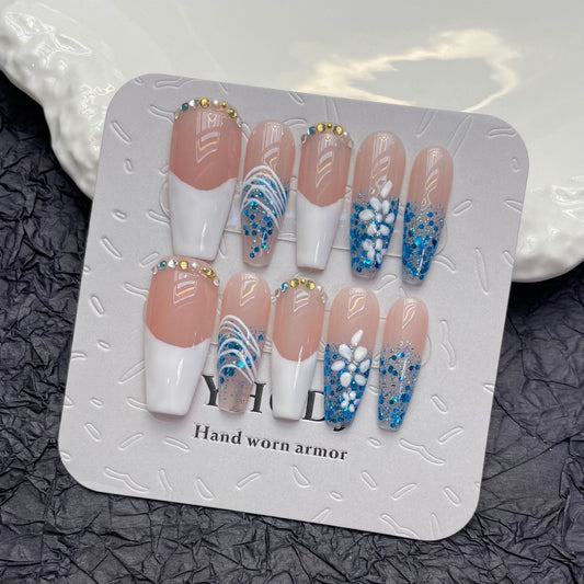 A4 Franse stijl pers op nagels 100% handgemaakte kunstnagels roze wit blauw