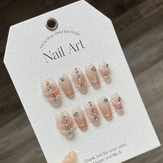 941/946 Pearl/Rhinestone CatEye  Effect press on nails 100% handmade false nails nude color