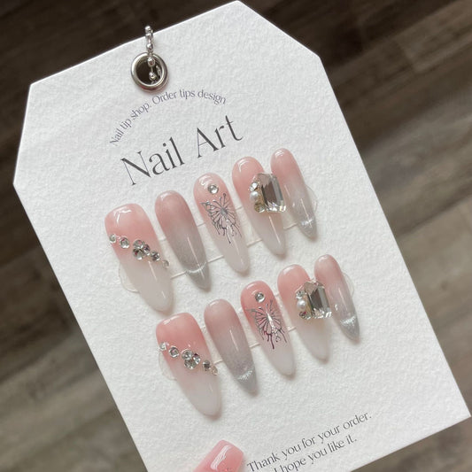 964 Butterfly CatEye Effect press-on-nagels 100% handgemaakte kunstnagels roze wit