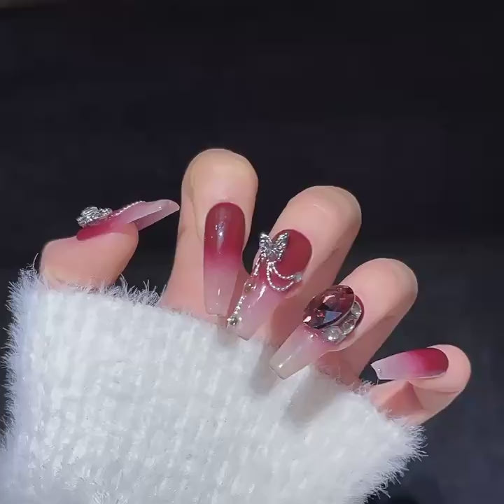 1335 gradation style press on nails 100% handmade false nails red