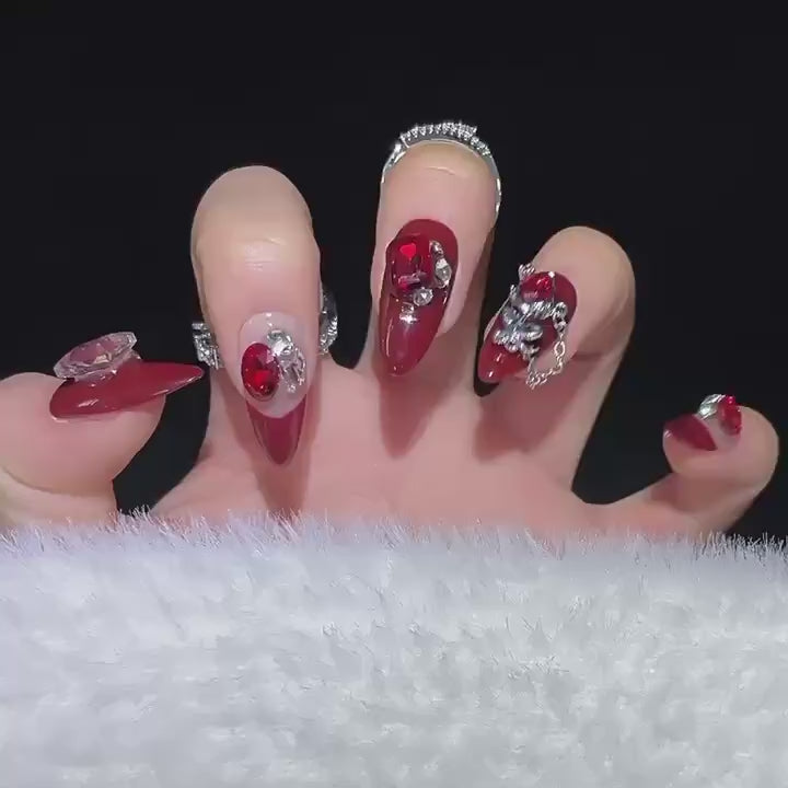 1283 Red rhinestone style press on nails 100% handmade false nails red