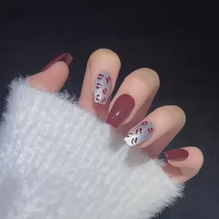 1337 Leopard print cat eyes style press on nails 100% handmade false nails red sliver