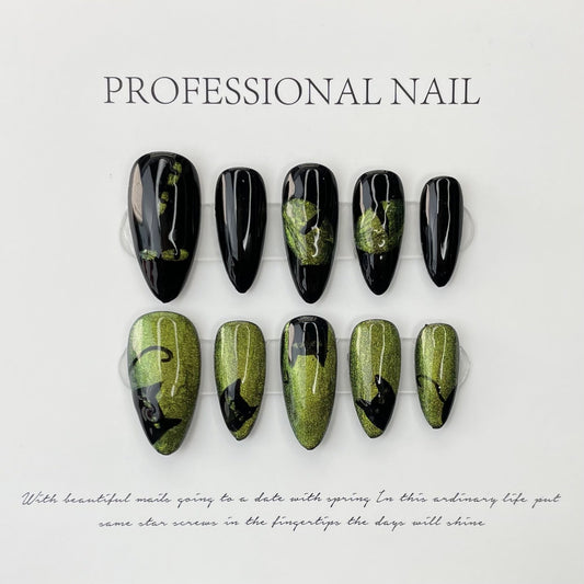 520 Coole kattenogen stijl pers op nagels 100% handgemaakte kunstnagels zwart groen