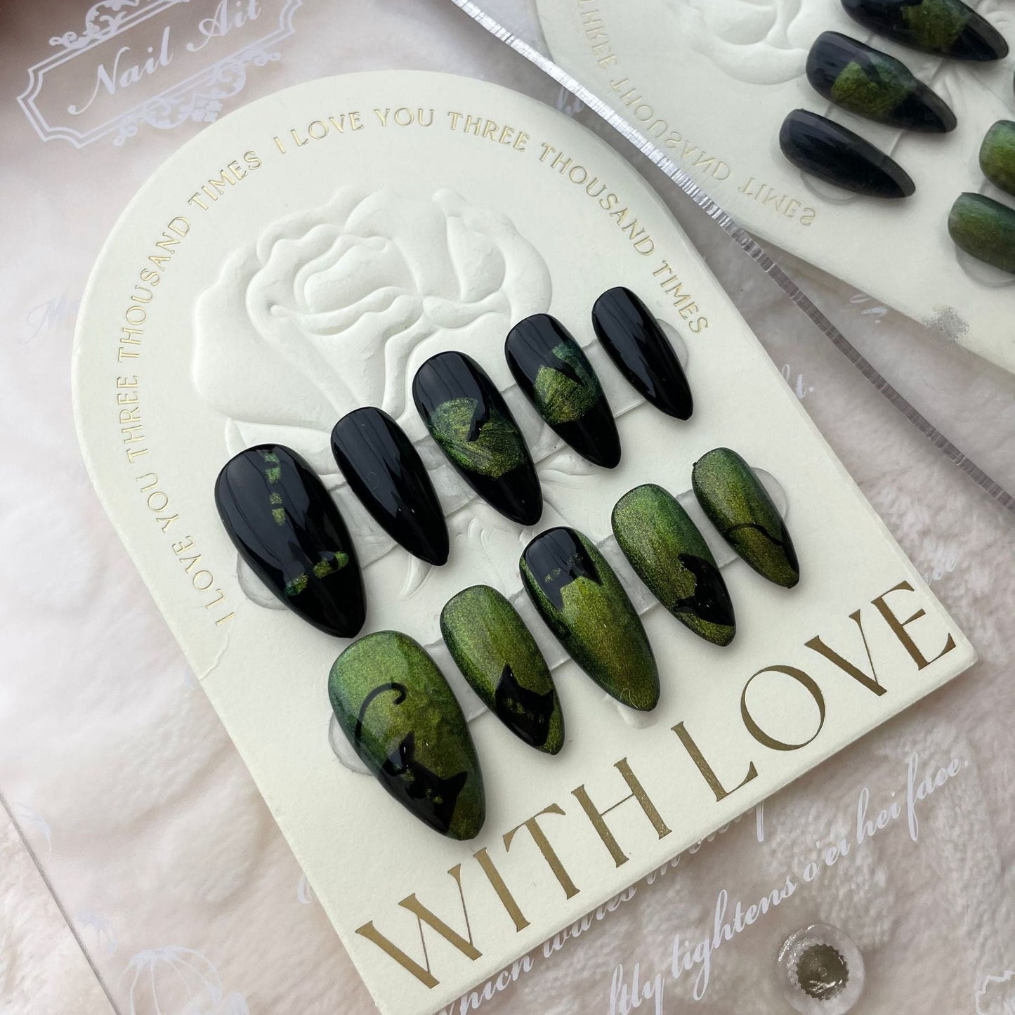 520 Coole kattenogen stijl pers op nagels 100% handgemaakte kunstnagels zwart groen