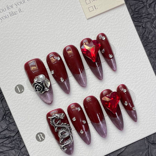 1267 Presse de style Ruby foncé sur les ongles 100% faux ongles faits à la main rouge
