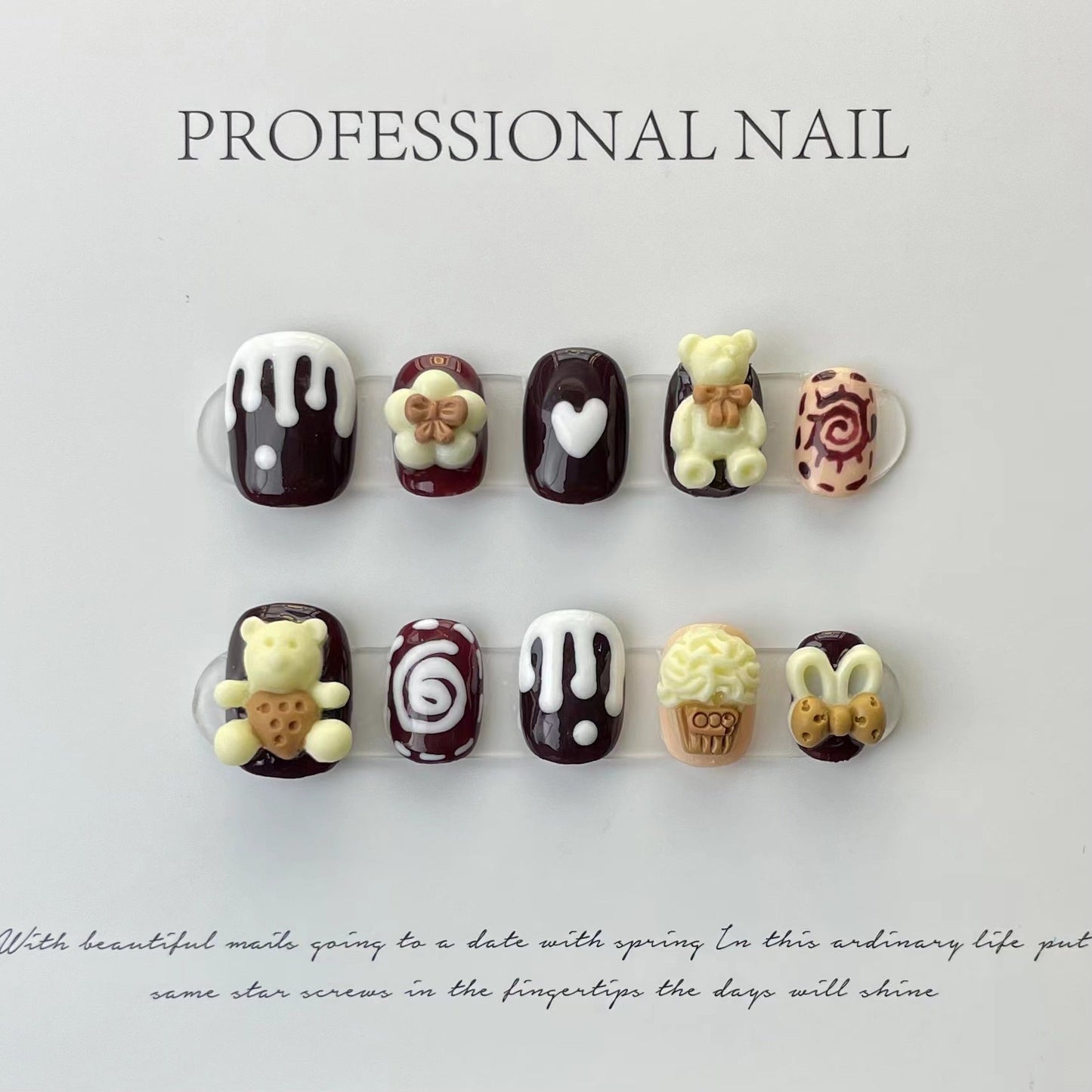 583 Cute little bear press on nails 100% handmade false nails brown mixed color