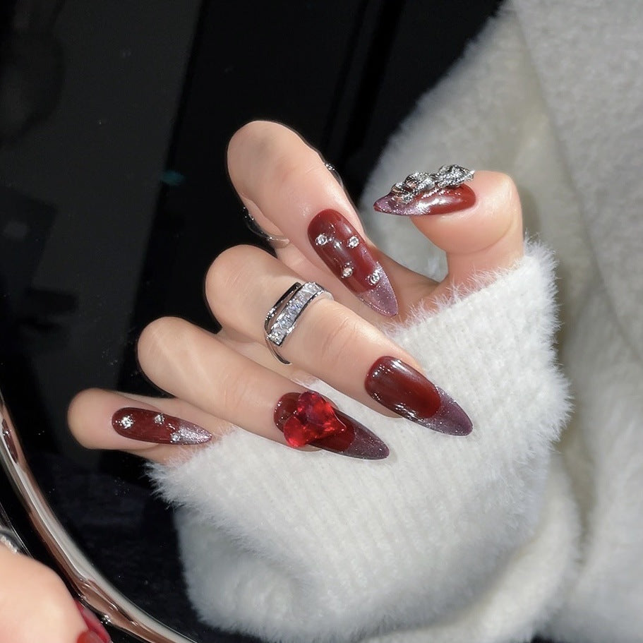 1267 Dark Ruby style press on nails 100% handmade false nails red