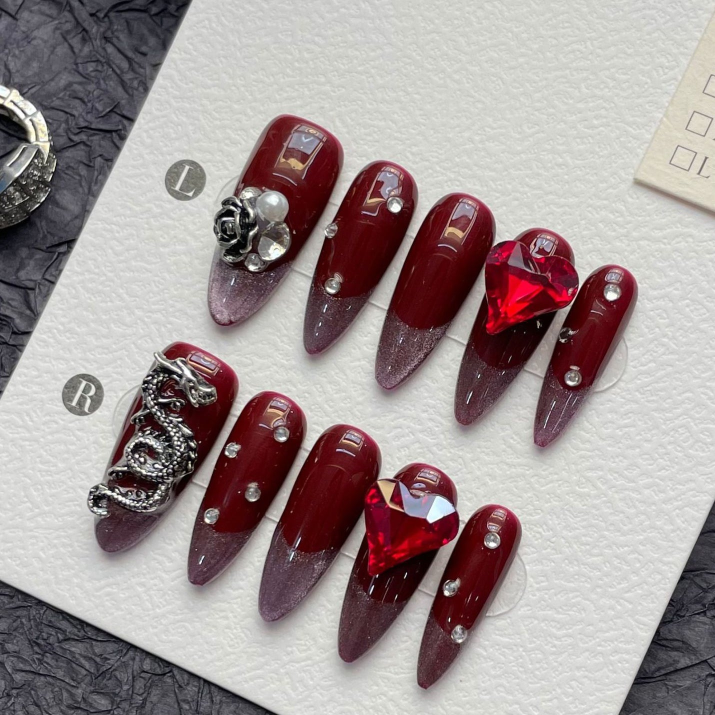 1267 Dark Ruby style press on nails 100% handmade false nails red