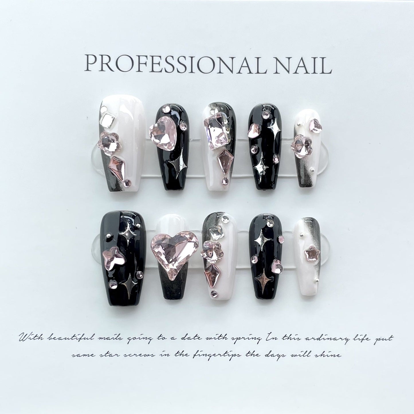 703 Rhinestone style press on nails 100% handmade false nails black pink