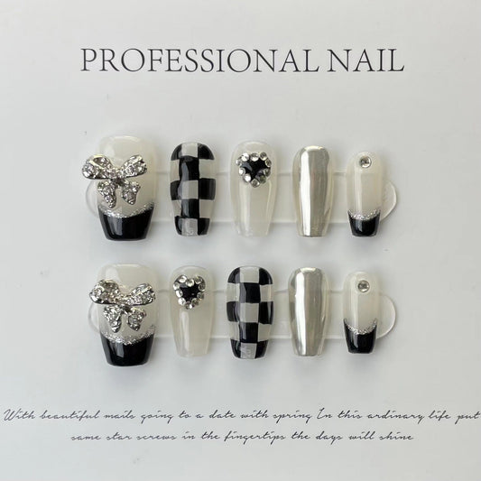 582 Checkered bow press on nails 100% handmade false nails white brown sliver