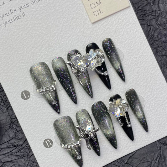 1268 style yeux de chat gris argenté presse sur les ongles 100% faux ongles faits à la main ruban noir