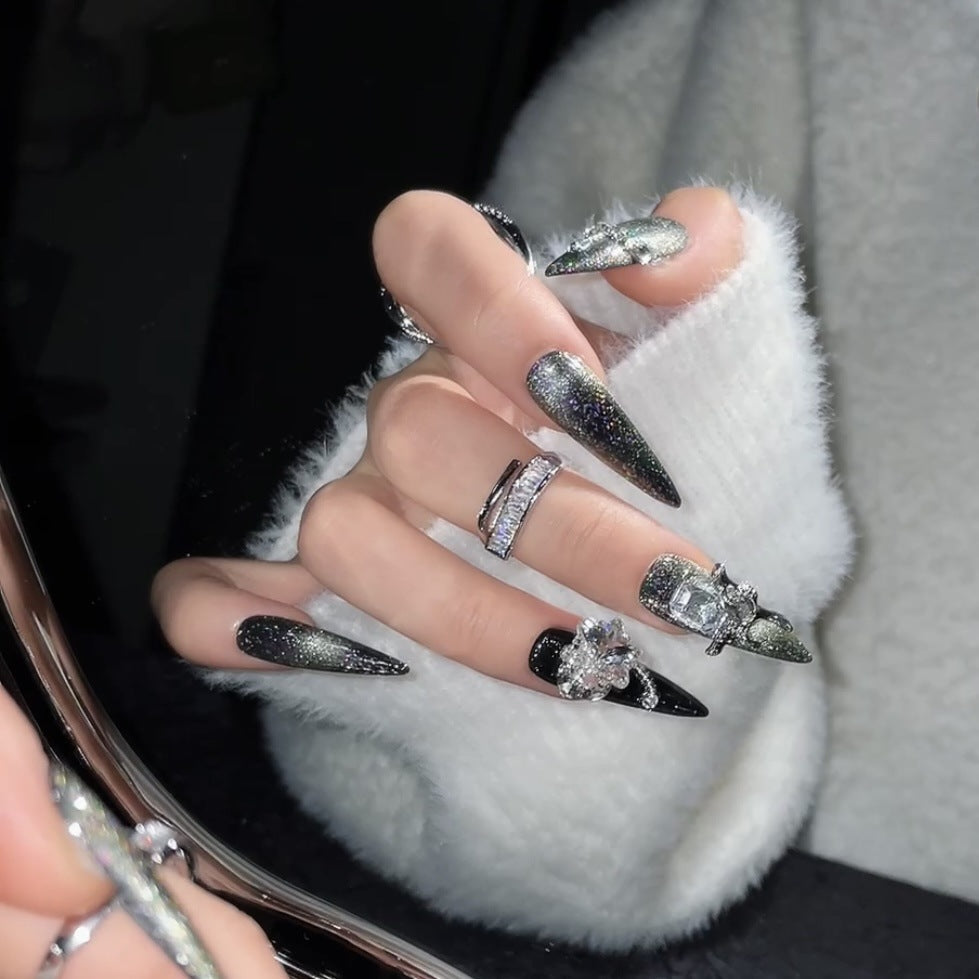 1268 Silver gray cat's eyes style press on nails 100% handmade false nails black sliver