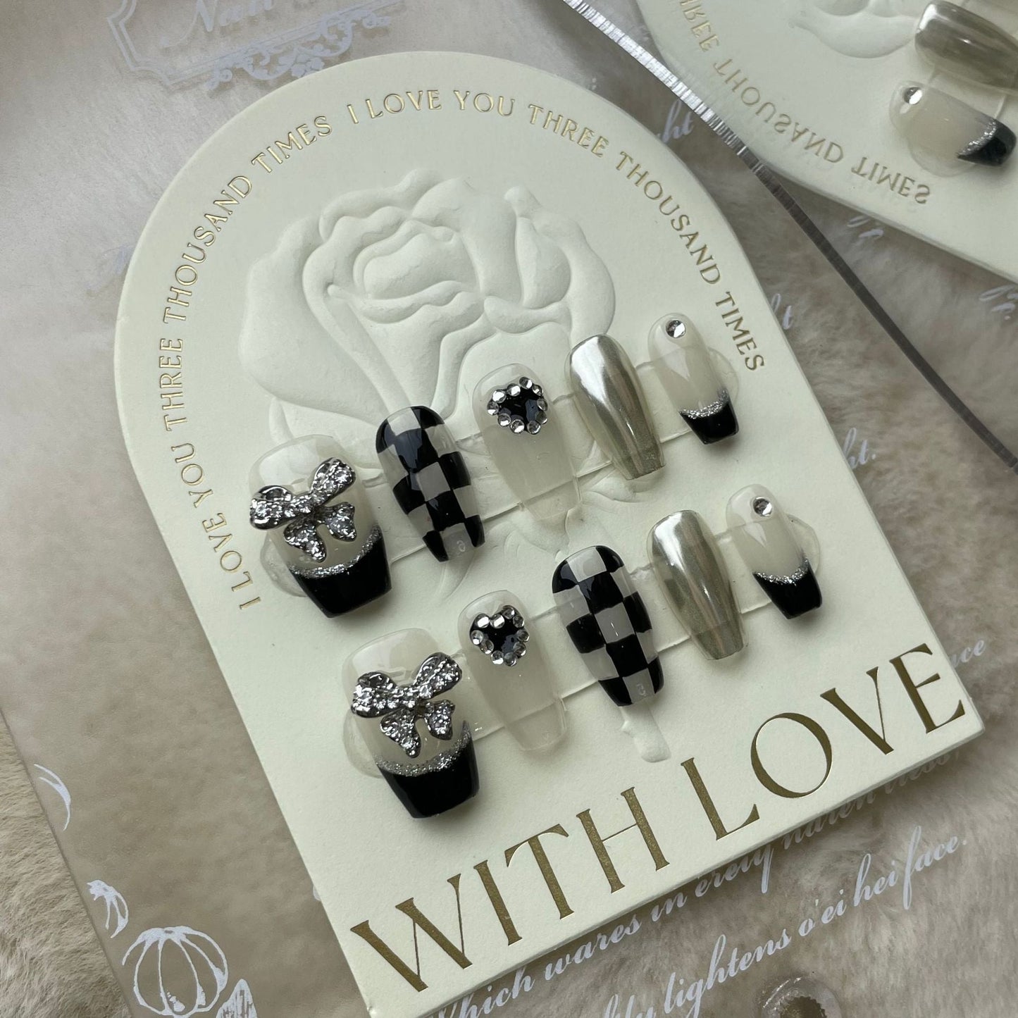 582 Checkered bow press on nails 100% handmade false nails white brown sliver