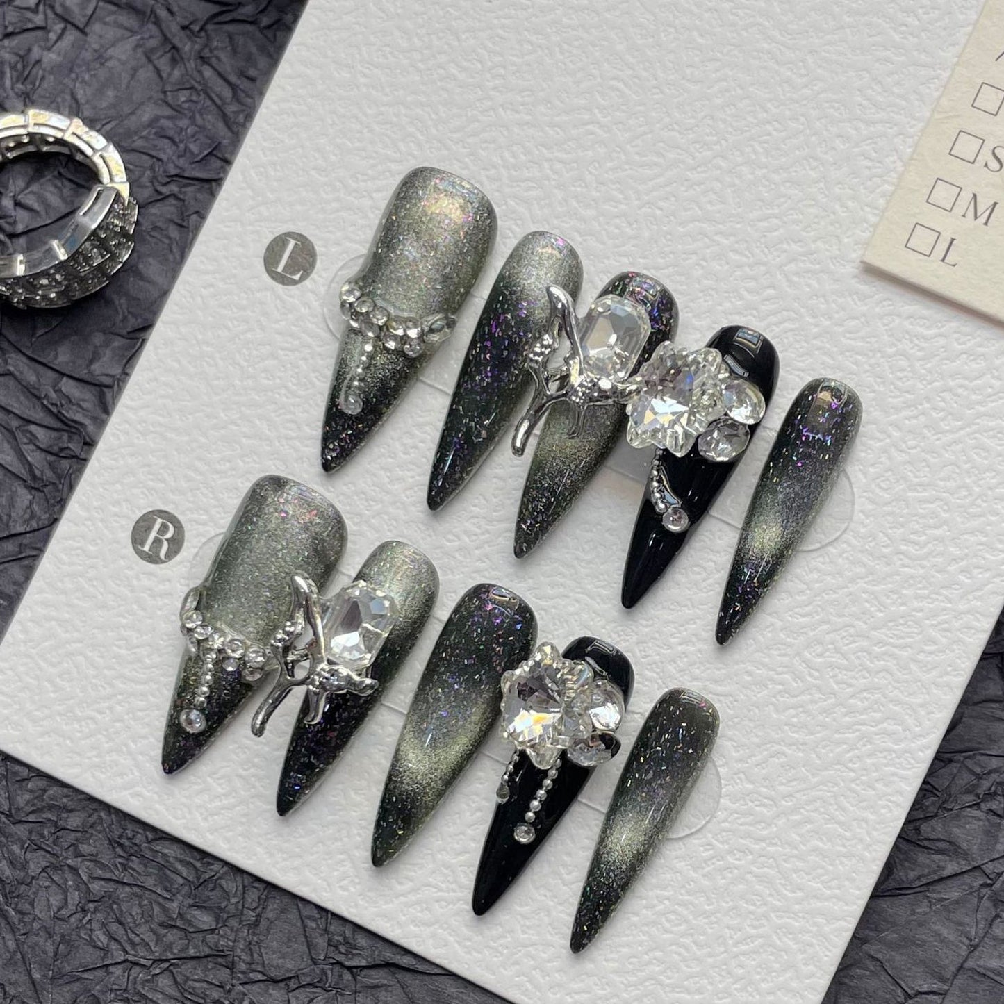 1268 Silver gray cat's eyes style press on nails 100% handmade false nails black sliver