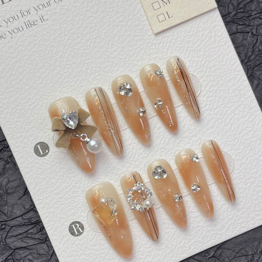 1269 strikstijl pers op nagels 100% handgemaakte kunstnagels nude kleur