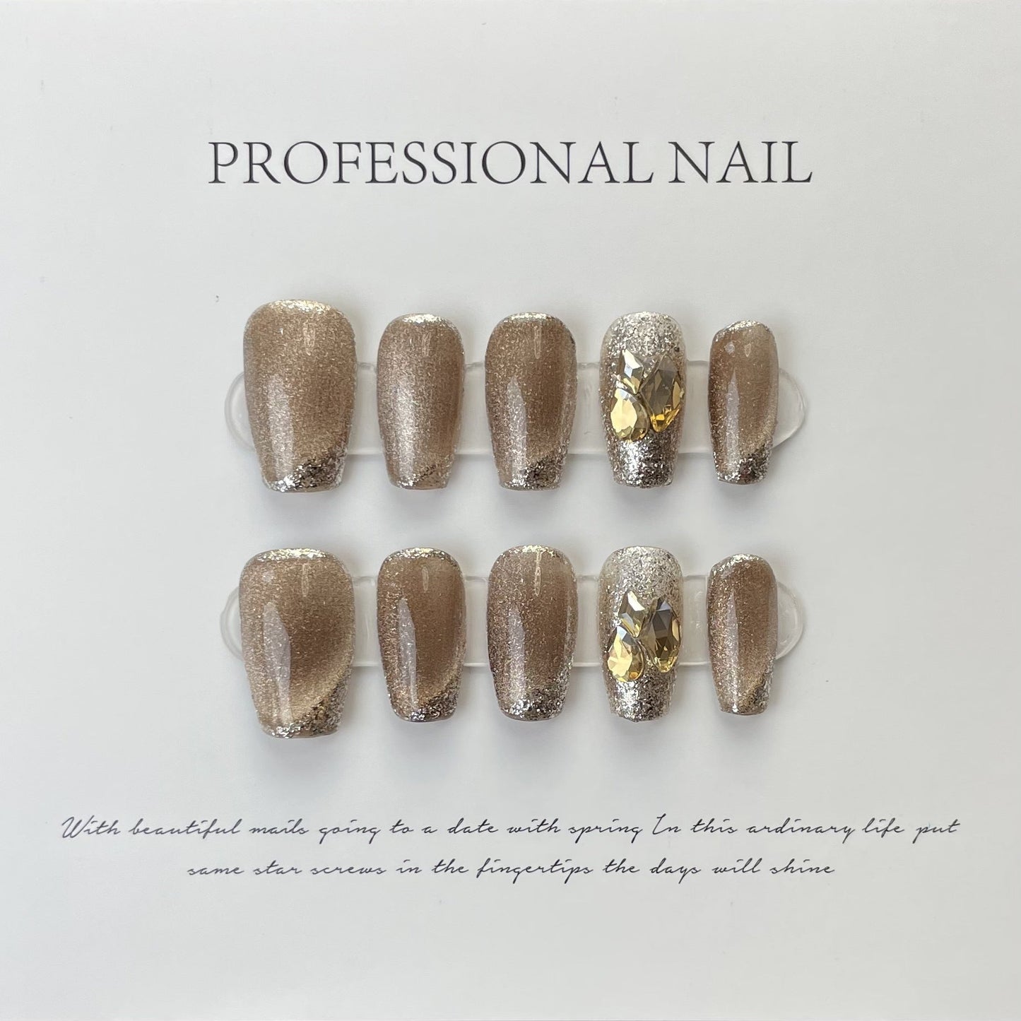 516 champagne Cateye Effect style press on nails 100% handmade false nails golden