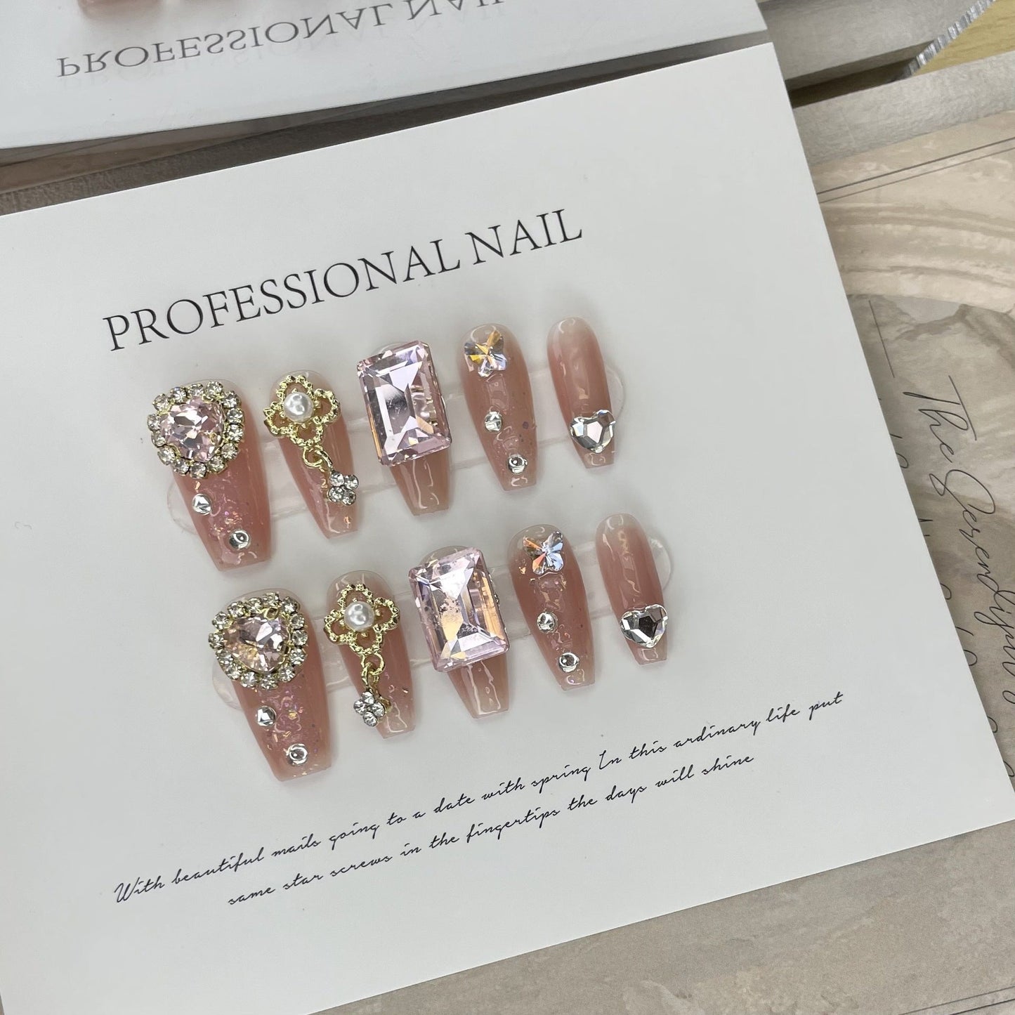 615/630 Rhinestone press on nails 100% handmade false nails pink nude color