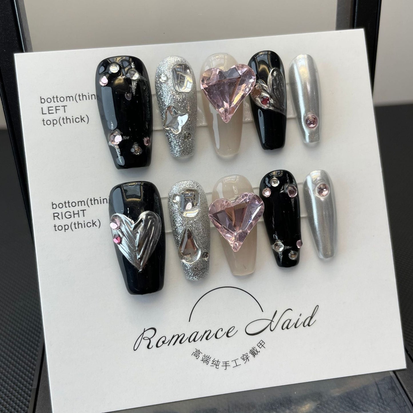 700 Rhinestone style press on nails 100% handmade false nails black sliver