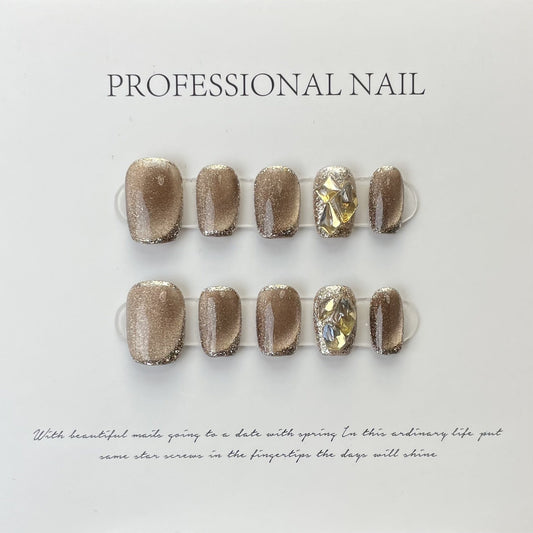 514 champagne Cateye Effect style press on nails 100% handmade false nails golden