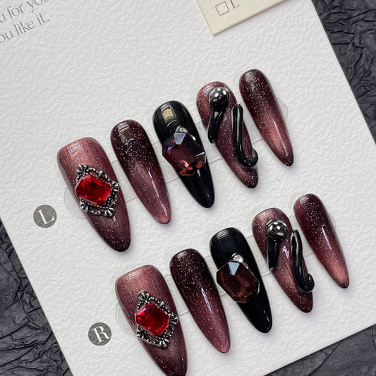 1270 Presse style serpent trois D sur les ongles 100% faux ongles faits à la main noir rose