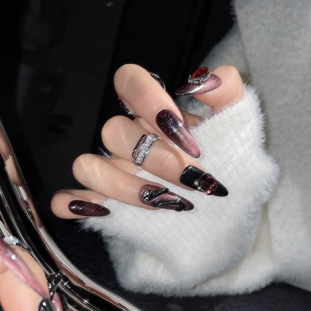 1270 Three-D snake style press on nails 100% handmade false nails black pink