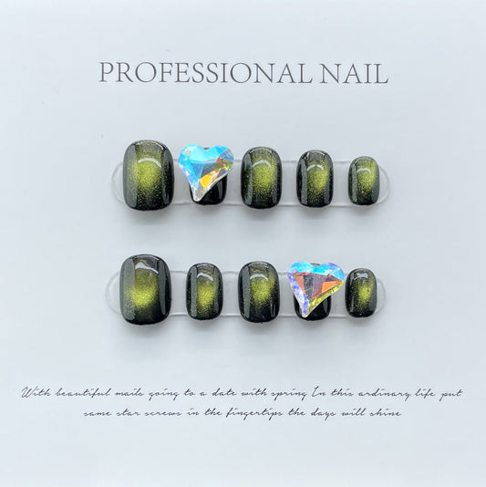 722 Volg spot Cateye Effect stijl press-on nagels 100% handgemaakte kunstnagels zwart groen