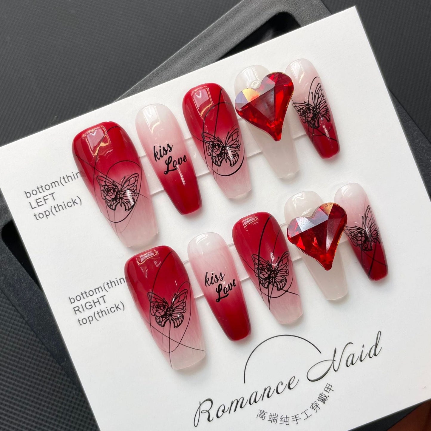 626 Red rhinestone press on nails 100% handmade false nails red