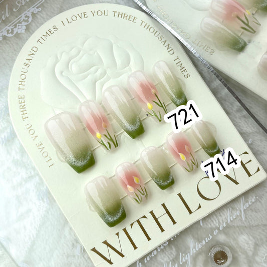 714/721 Tulp Cateye Effect-stijl press-on-nagels 100% handgemaakte kunstnagels gemengde kleur