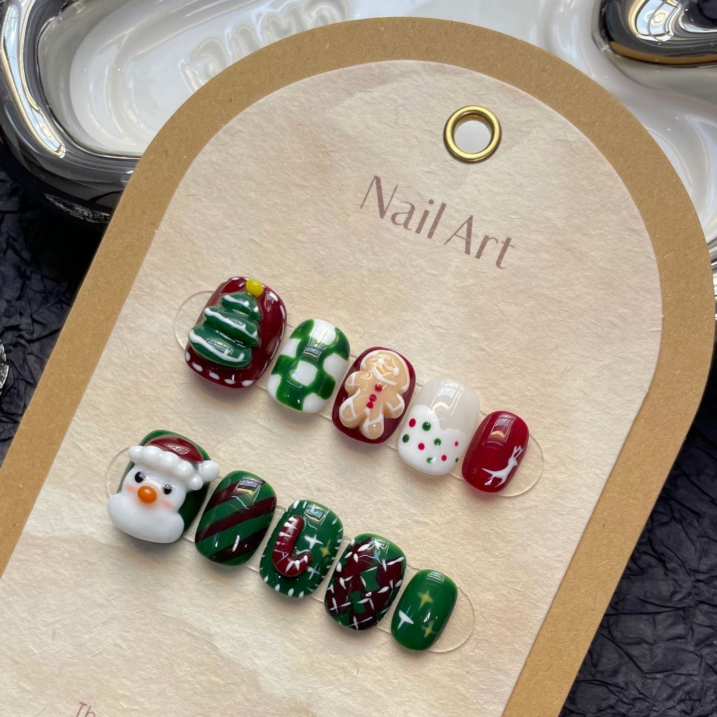 1162 Christmas Gingerbread Man style press on nails 100% handmade false nails green