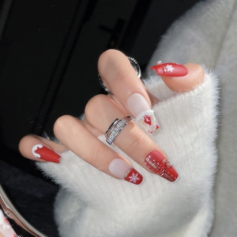 1272 Noël flocons de neige style presse sur ongles 100% faux ongles faits à la main blanc rouge